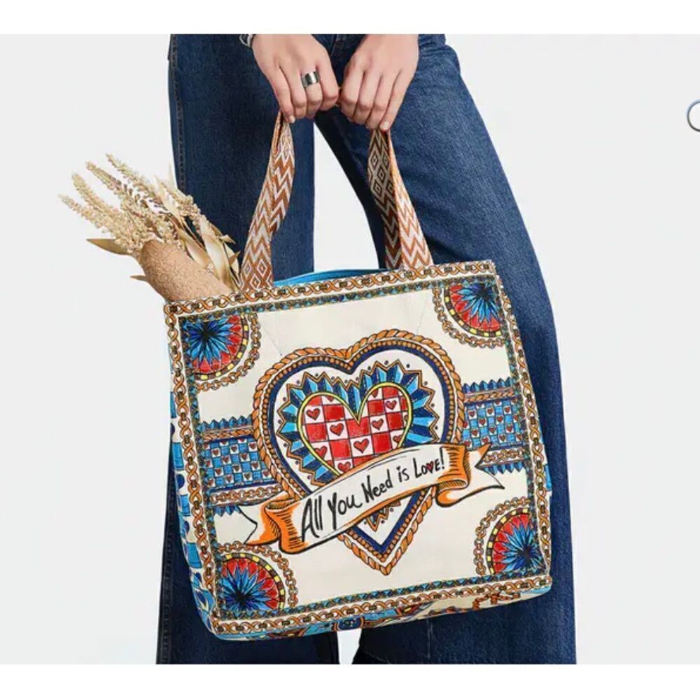 Brighton BELIEVE IN LOVE Blue Floral Original Artwork Collaboration Canvas Tote - Picture 2 of 16